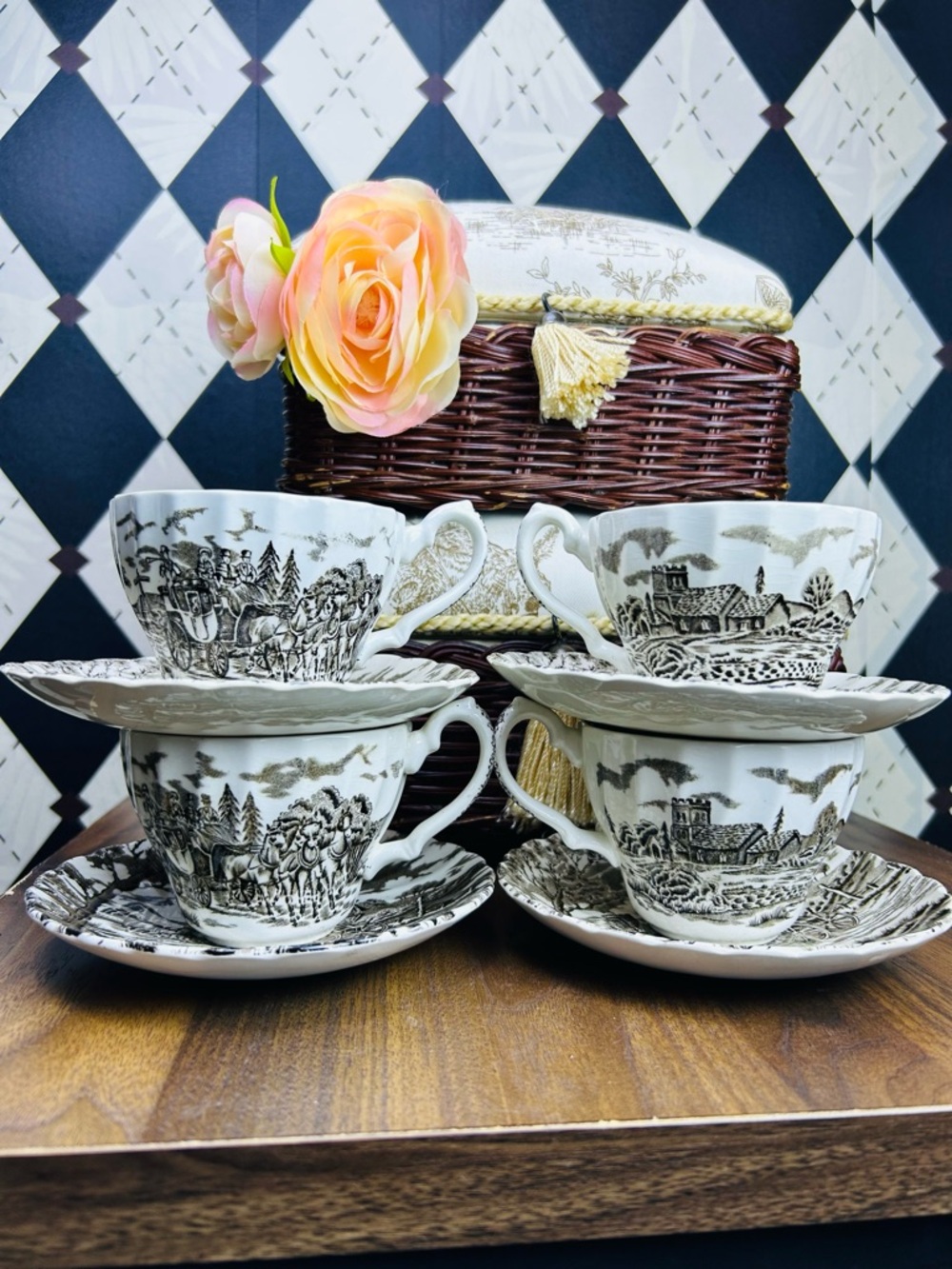 Vintage Tea Cups, Saucers Brown Transferware Set of 4 Ironstone English Country